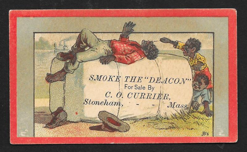 VICTORIAN TRADE CARD Currier Deacon Tobacco Black Boys Playing on Tobacco Bale