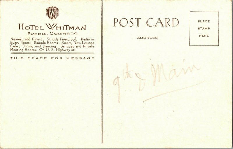 View of Hotel Whitman, Pueblo CO Vintage Postcard D41