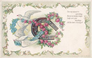 Pigeons Carrying Horseshoe Raised 3D Antique Speeding Greetings Postcard