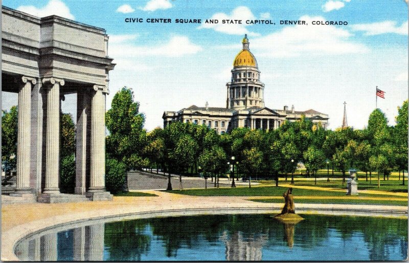 Vtg Denver Colorado Civic Center Square and State Capitol 1940s Unused Postcard
