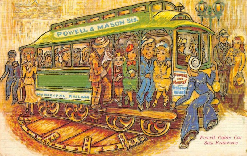 San Francisco POWELL CABLE CAR Cantrell Artist-Signed Comic 40s Vintage Postcard