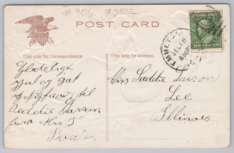 Holiday~Christmas~Cherubs Ring Bells over Snowy Town @ Sunset~c1910 Postcard