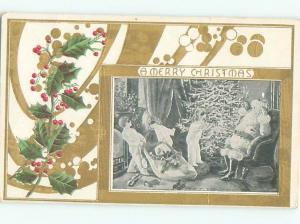 Pre-Linen Christmas SANTA CLAUS WATCHING BLINDFOLDED CHILDREN AB5347