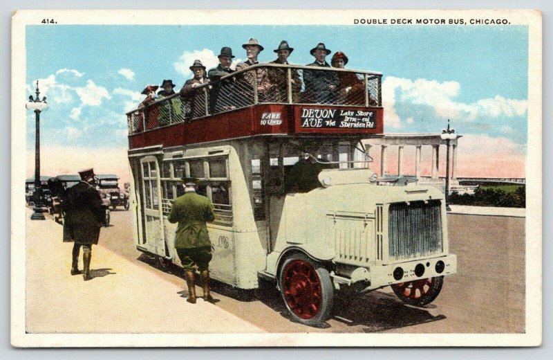 Chicago~10c Fare~Double Deck Motor Bus~Devon Ave via Lake Shore & Sheridan~1920s 