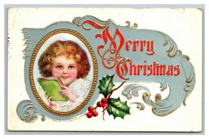 Vintage 1910's Christmas Postcard Cute Girl Gold Frame Mistletoe Holly Berries