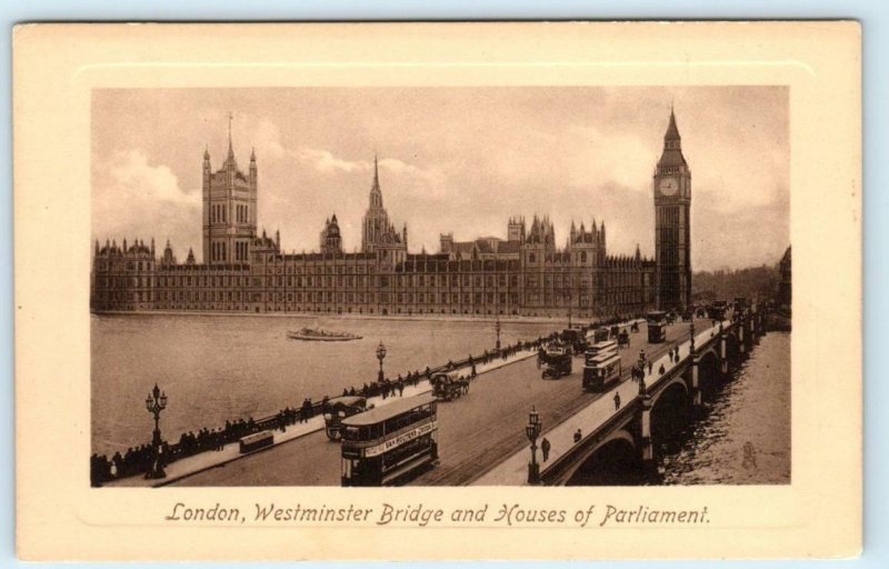 LONDON, ENGLAND Embossed WESTMINSTER BRIDGE Houses of Parliament Tuck Postcard