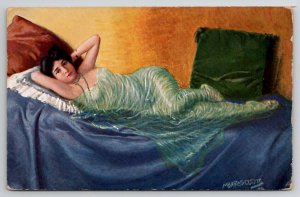 Artist Max Barascudts Glamour Girl Sexy Women Sheer Gown on Bed Postcard G28
