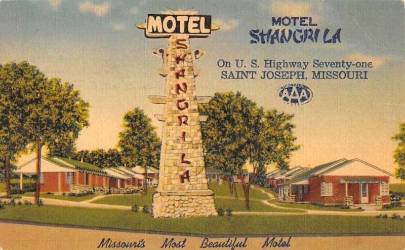 St Joseph Missouri Motel Shangri La Street View Antique Postcard K100984