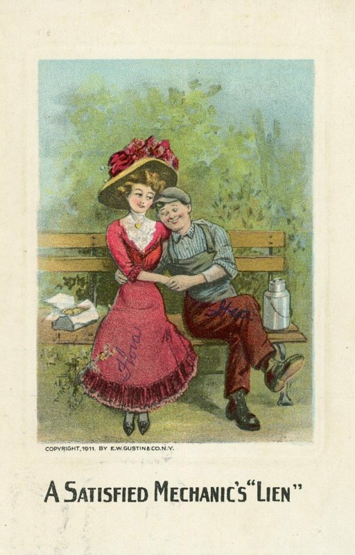 Antique Postcard 1910s A Satisfied Mechanic's Lien couple on bench Utah