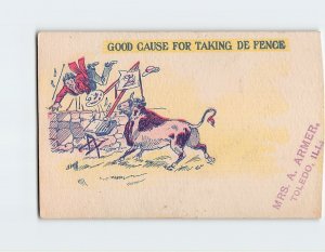 Postcard Good Cause For Taking De Fence with Man Bull Comic Art Print