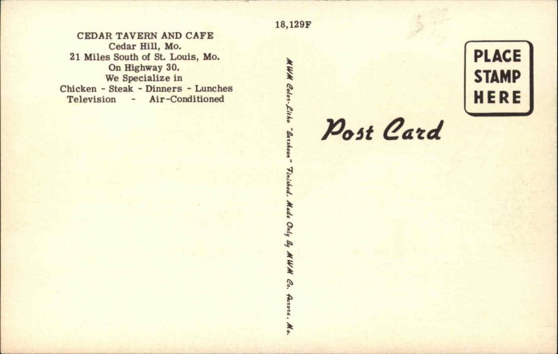 Cedar Hill Missouri MO Cedar Taverns & Cafe Linen c1930s-40s Postcard
