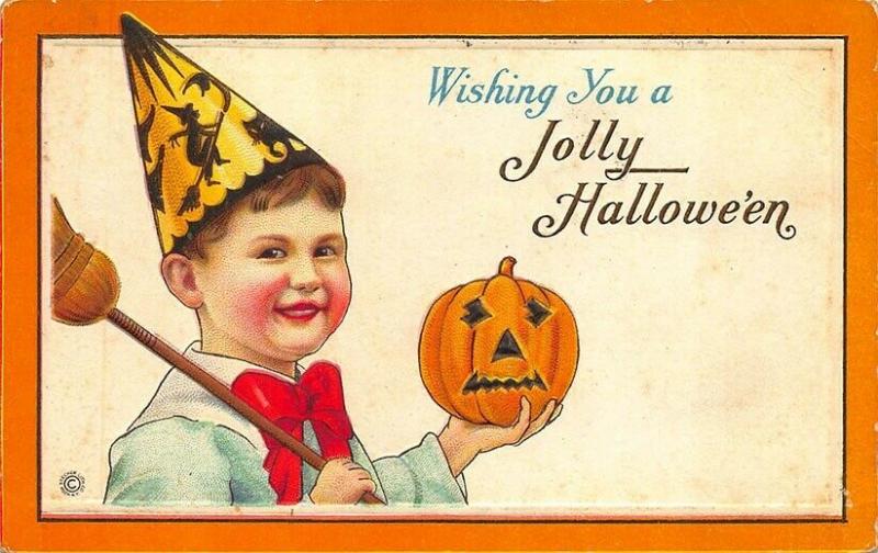 Wishing You a Jolly Halloween Young Boy Miserable J-O-L  Embossed Postcard