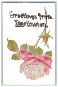 Burlington Wisconsin Postcard Greetings Rose Flower Leaves c1910 Vintage Antique