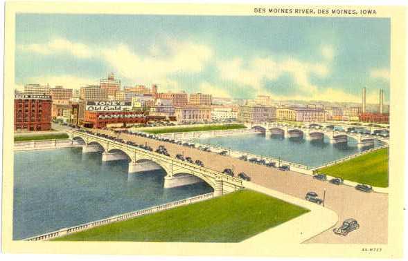 Linen of Des Moines River, Bridges and City Des Moines Iowa