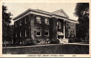 Historic Carnegie Free Library Building Streetview Ottawa Kansas BW Postcard 