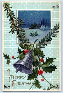 Christmas Postcard Ringing Bell And Holly Berries Embossed c1910's Antique