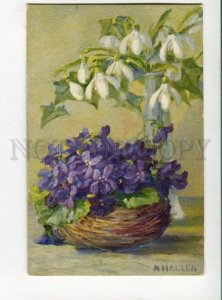 3117115 VIOLETS Basket & SNOWDROPS by HALLER Style KLEIN old