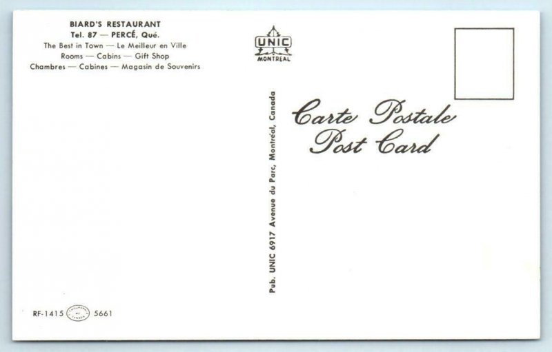 PERCE, QUEBEC Canada ~ Roadside BIARD'S RESTAURANT 1950s-60s Postcard