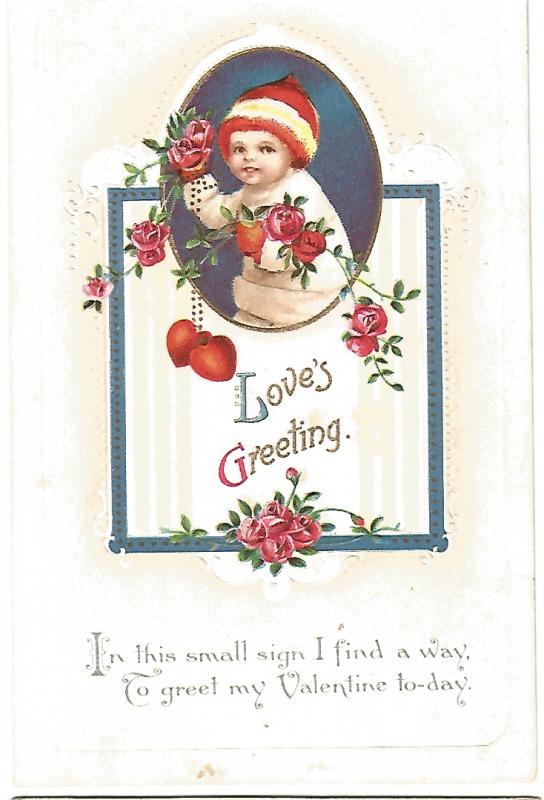 Loves Greeting Valentine's Day Postcard Little Child Snowsuit Holding Red Roses