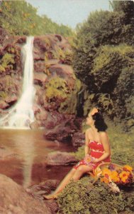 HAWAII UNION OIL COMPANY 76 GASOLINE ADVERTISING ISLAND GIRL WATERFALL POSTCARD