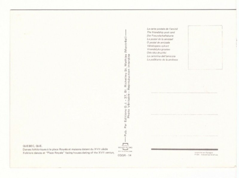 Folk Dancers, Place Royale, Quebec City, Chrome Postcard