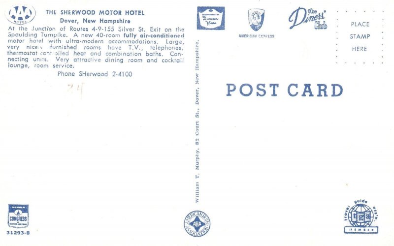 Vintage Postcard The Sherwood Motor Hotel Lounge Dover New Hampshire N.H.