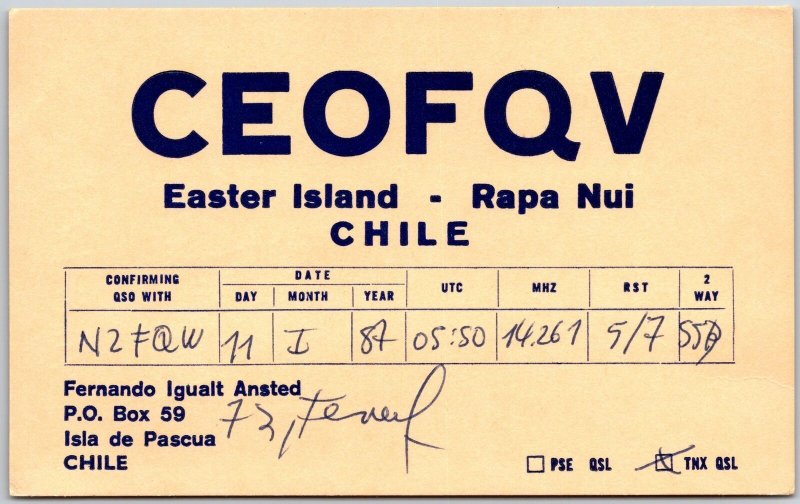 Radio Card CEOFQV Easter Island -Rapa Nui Chile QSO- N2FQW Postcard