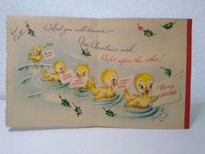 Christmas Greeting Card Baby Ducks Swim Fake Feathers Attached Foldout Vintage  