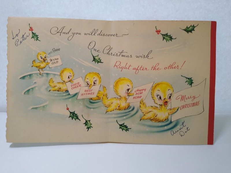 Christmas Greeting Card Baby Ducks Swim Fake Feathers Attached Foldout Vintage  