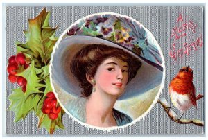 1909 Christmas Pretty Woman Floral Big Hat Bird Holly Berries Embossed Postcard