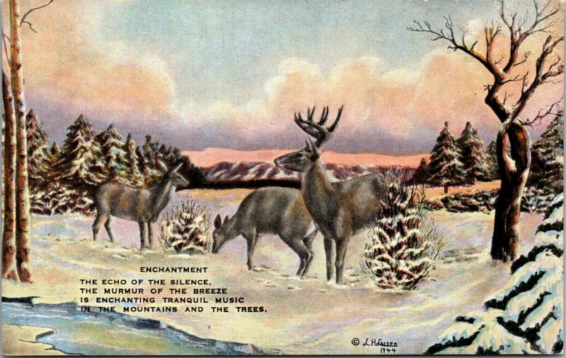 1940s Artist-Signed DUDE LARSEN Western Postcard Enchantment Elk Snow - Linen