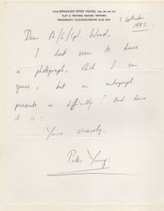 Brigadier Peter Young WW2 Arab Legion Commander Hand Signed Letter