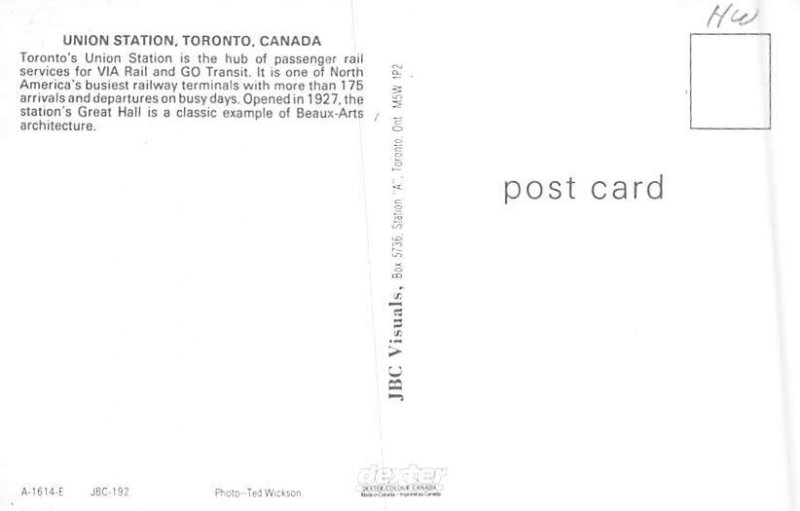 Union station Toronto, Canada Railroad, Misc. Unused 