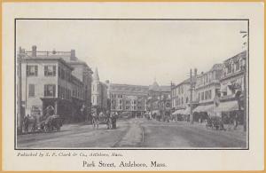 Attleboro, Mass., Park Street, Horse drawn wagons, vintage Autos & Trolley 