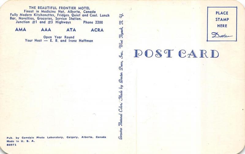 MEDICINE HAT, Alberta Canada  FRONTIER MOTEL  Roadside c1950's Chrome Postcard