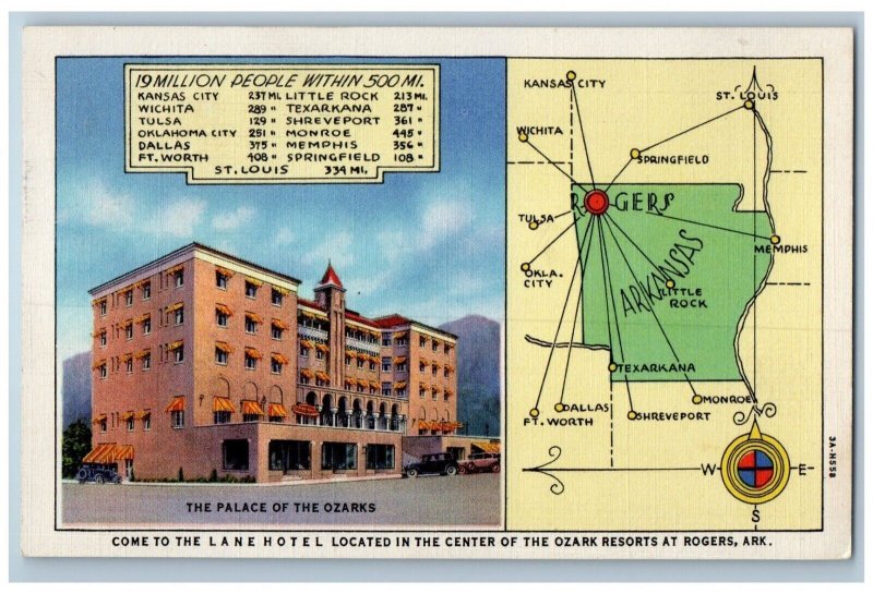 Rogers Arkansas AR Postcard Palace Ozarks Lane Hotel Map Exterior Building c1940
