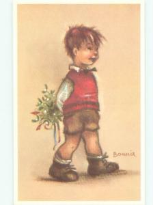 foreign Pre-1980 signed BOY CARRYING MISTLETOE BEHIND BACK AC6815
