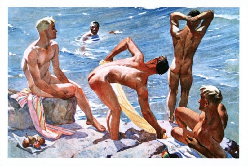Fine morning by Deyneka Nude Man Gay Socialist Realism Fine Art Russian Postcard