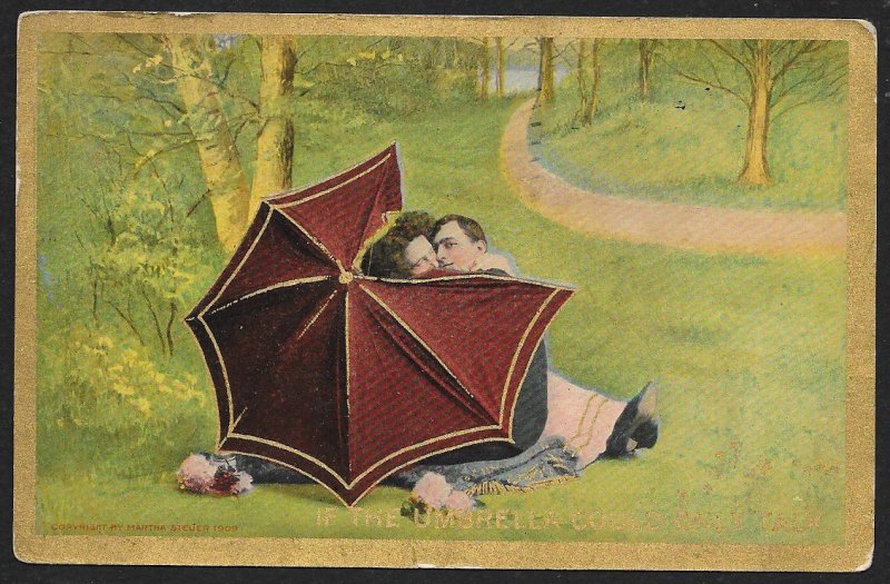 Man & Lady Kissing Behind an Umbrella Used c1911