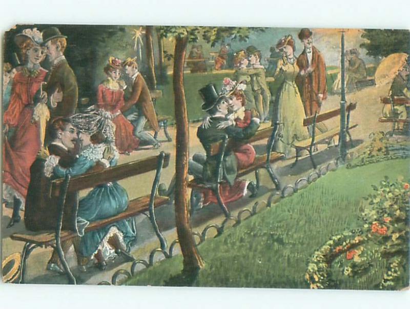 Pre-Linen Slight Risque Interest ROMANTIC COUPLES ON PARK BENCHES AB7347