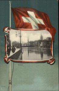 Zurich Swizerland - River & Bldgs - Flag Border c1905 Postcard #2