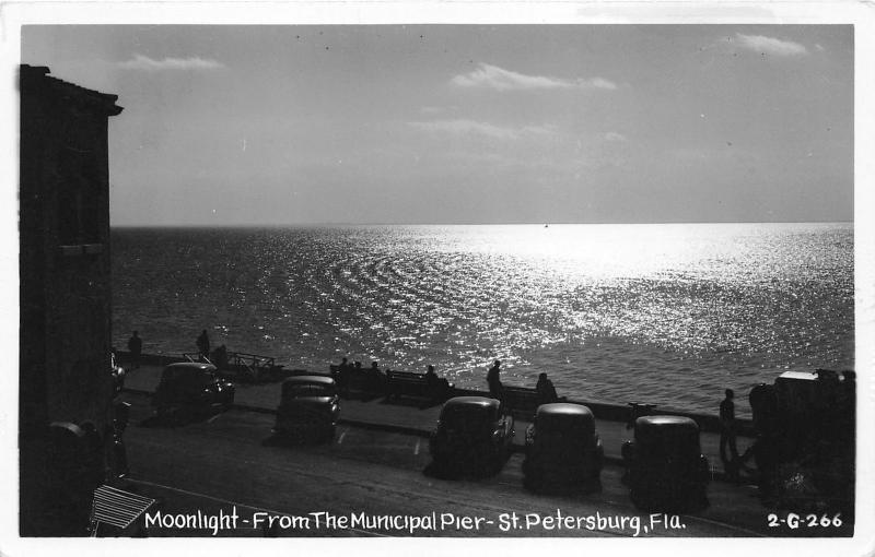 St Augustine Florida~Ocean View @ Night from Municipal Pier~People & Cars~RPPC