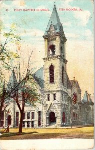First Baptist Church Des Moines IA 1c Stamp Postcard WOB Franklin Cancel Vtg PM 