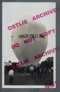 Fergus Falls MINNESOTA RPPC c1910 BALLOON ASCENSION Town Name PAINTED ON SIDE!