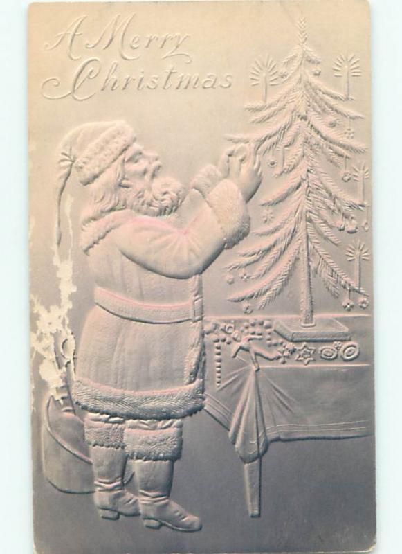 Pre-Linen Christmas HEAVILY EMBOSSED - SANTA CLAUS DECORATING SMALL TREE AB4692