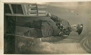 Military, Soldier Leaning on Chair or Bench, RPPC