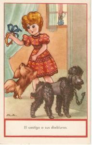 \Young girl and her dogs\ Nice vintage Spanish Postcard