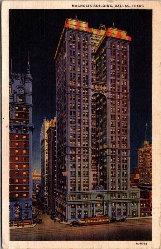 Vtg 1938 Magnolia Building At Night Dallas Texas TX Postcard
