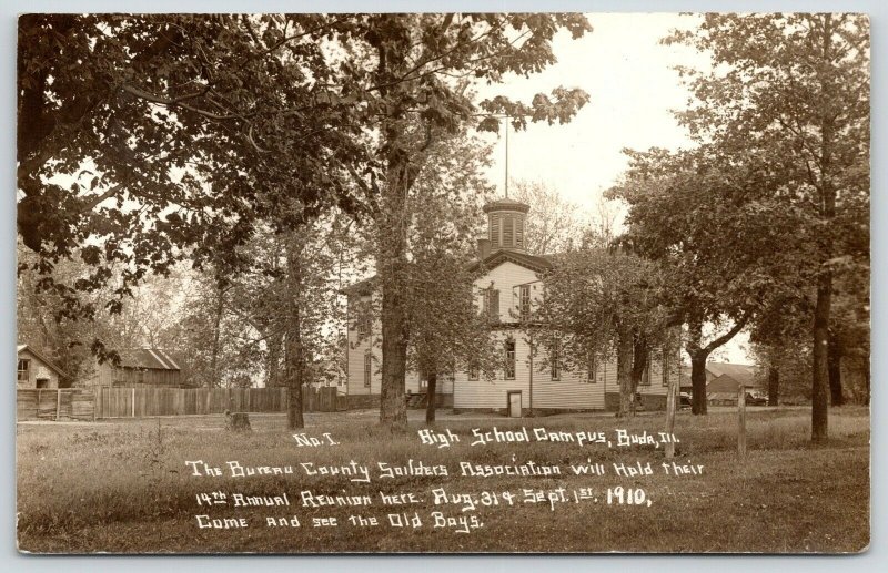 Buda Illinois~High School Campus~Civil War Soldiers Reunion~Old Boys~1910 RPPC 