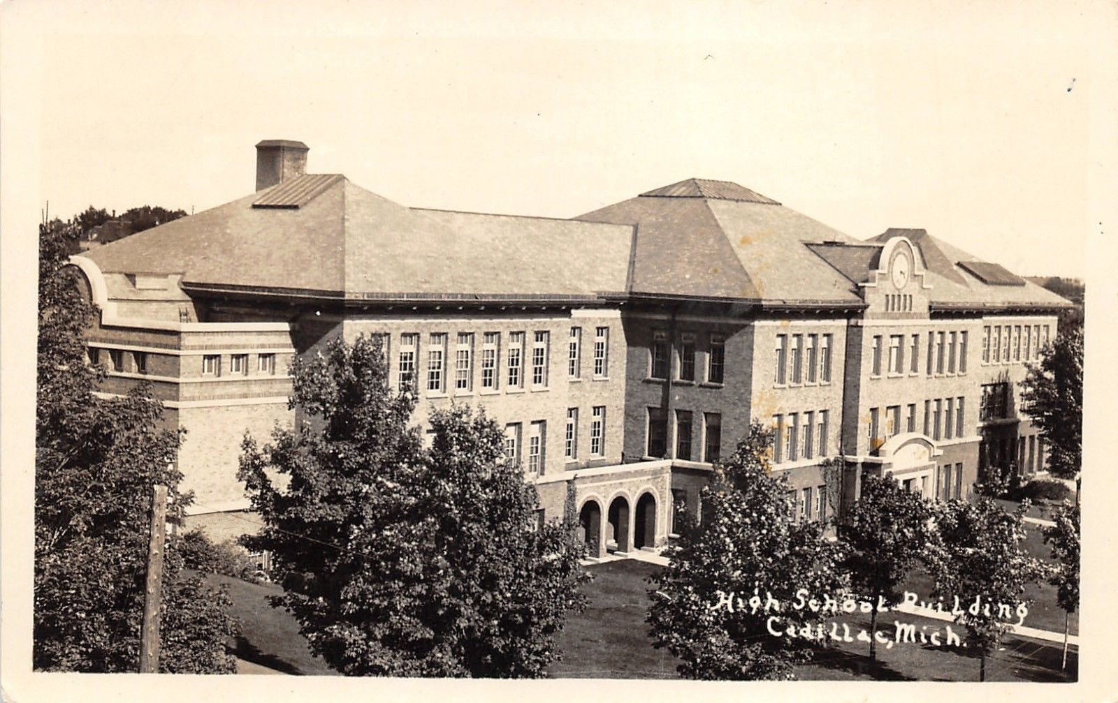 Cadillac MichiganHigh School BuildingBird's Eye ViewClock on Front